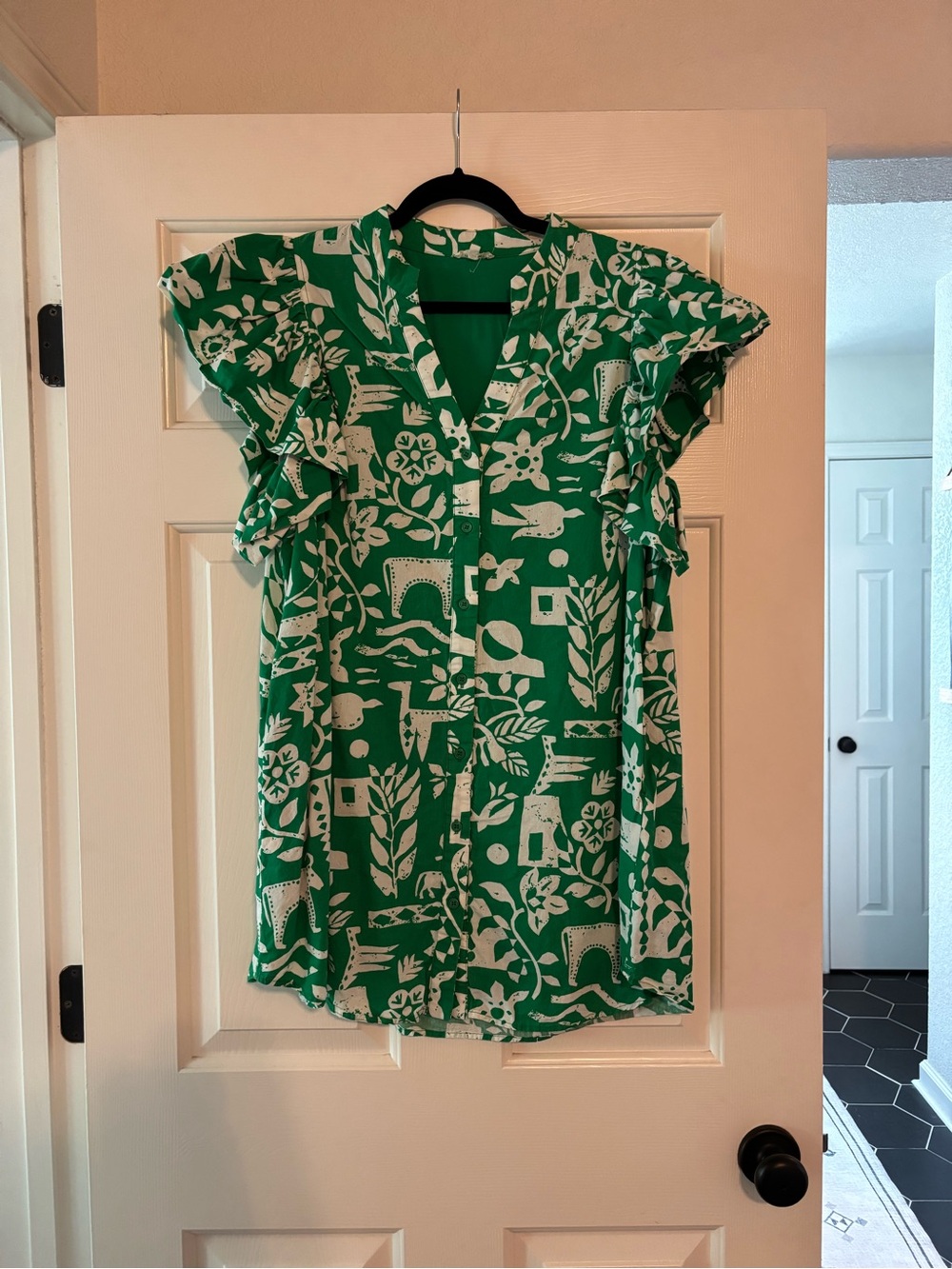 JODIFL Green and White Botanical Print Mini Dress with Ruffle Sleeves